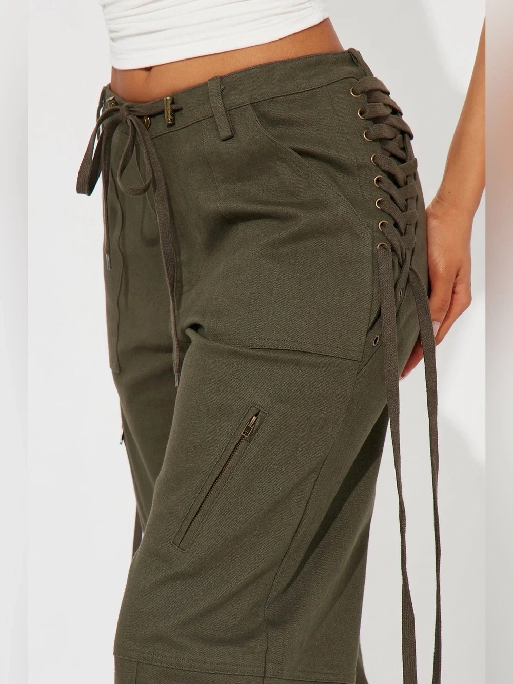 Women’s Olive Wide-Leg Cargo Jumpsuit Pants